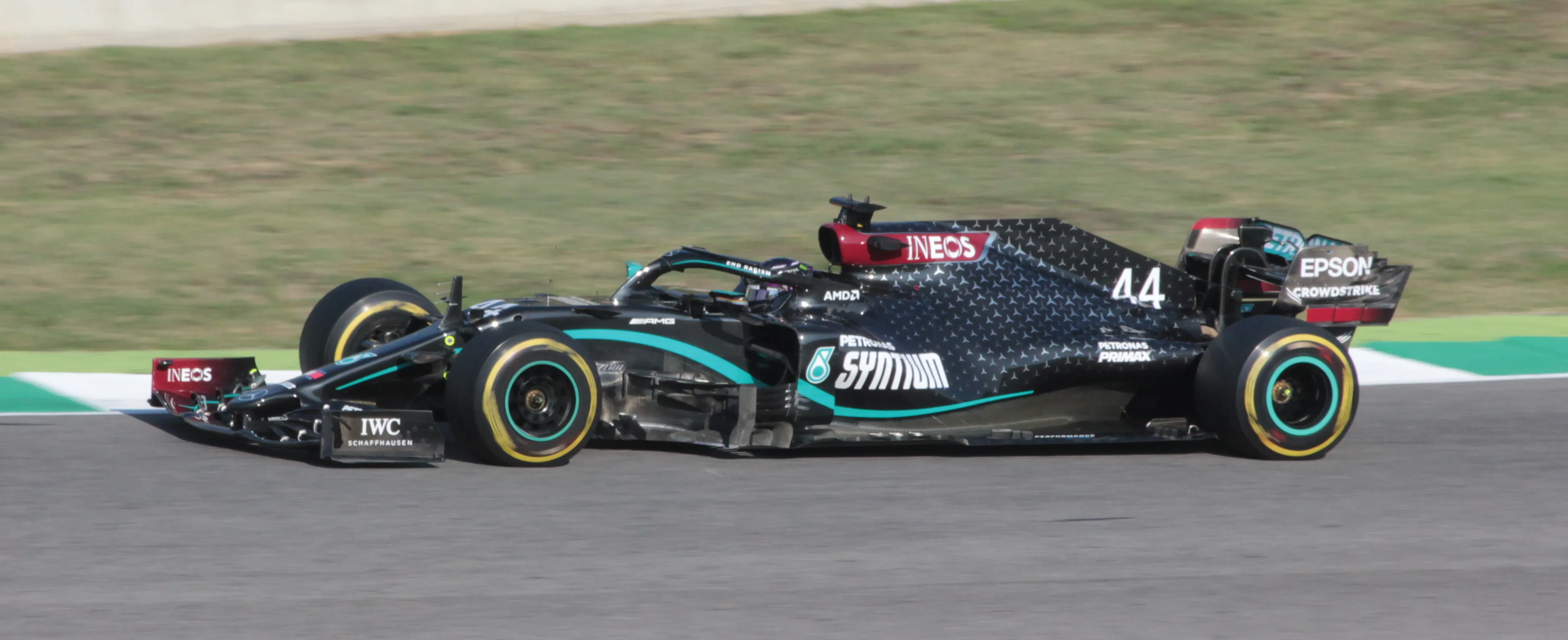 Lewis Hamilton driving the Mercedes-AMG F1 W11 EQ Performance on race day at the 2020 Tuscan Grand Prix — the season he closed out with his seventh World Drivers' Championship at Istanbul